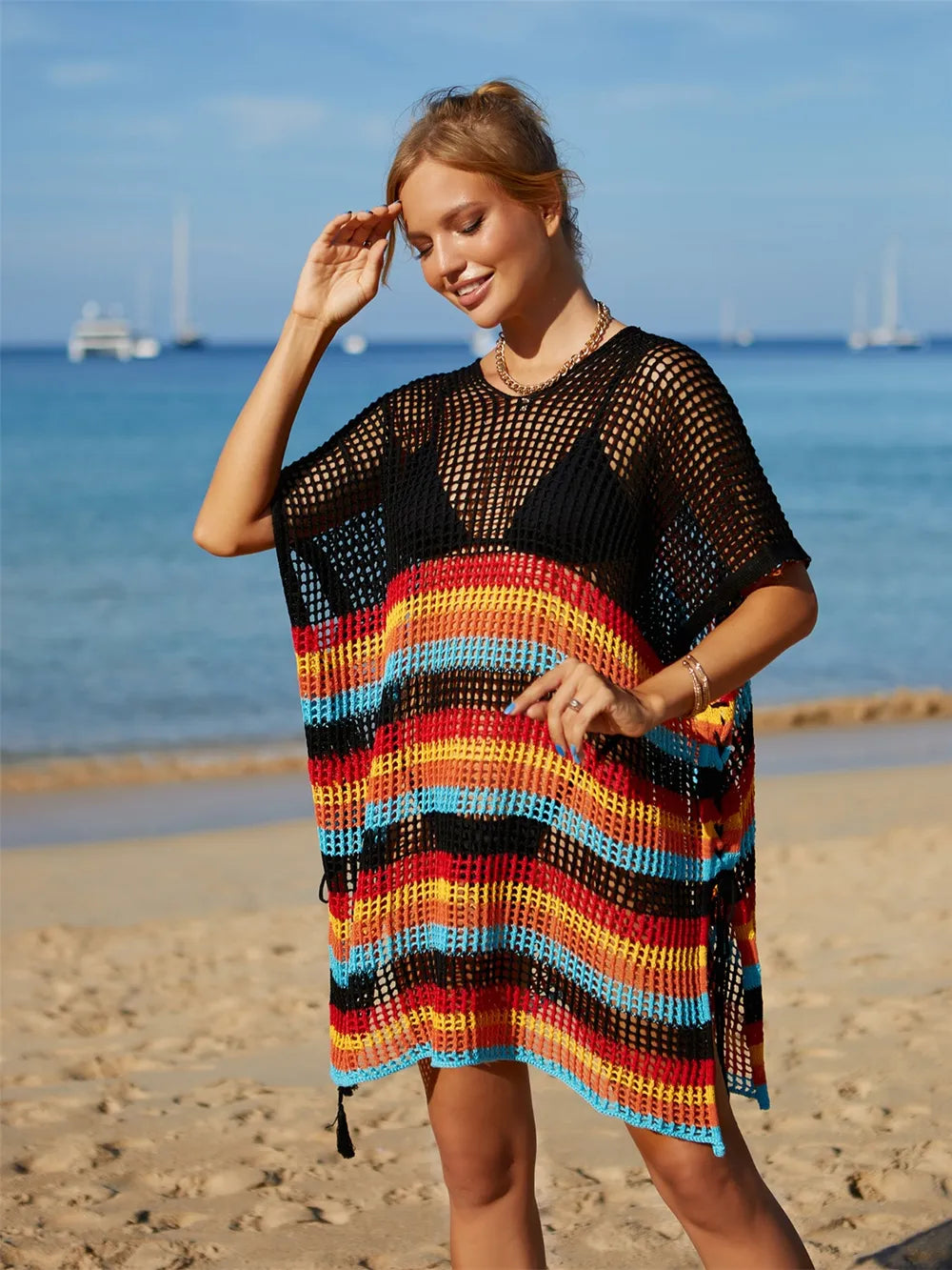 Angel Wings Cutout Striped Cover-Up with Tassel - Ladyez