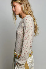 POL Ribbed Knit Floral Crew Neck Long Sleeve Top