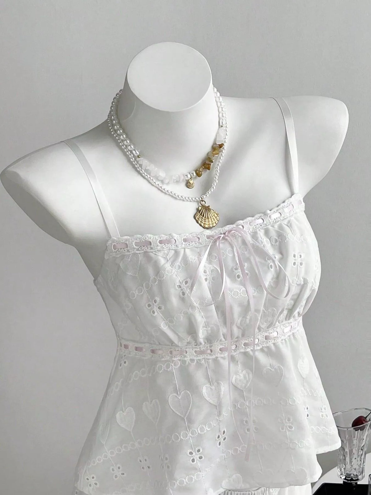 Lace Detail Eyelet Cami and Shorts Set