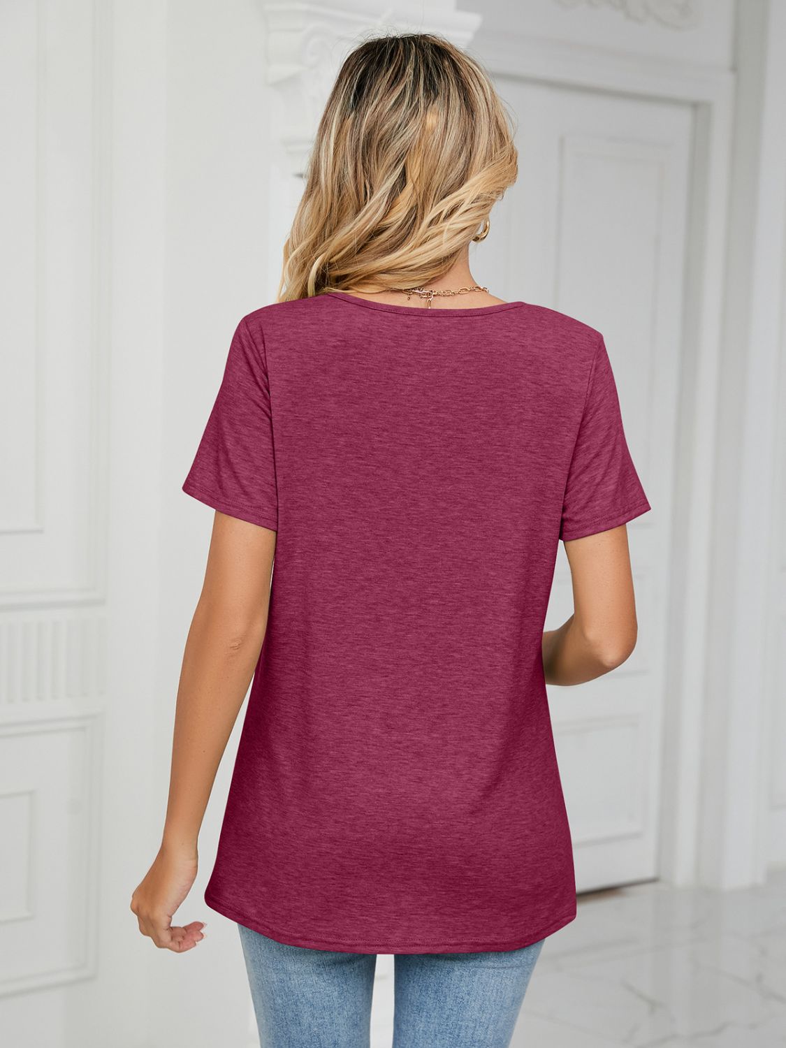 Ruched V-Neck Short Sleeve T-Shirt - Ladyez
