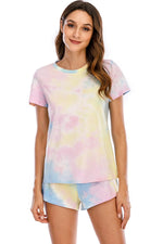 Tie-Dye Round Neck Short Sleeve Top and Shorts Lounge Set - Ladyez