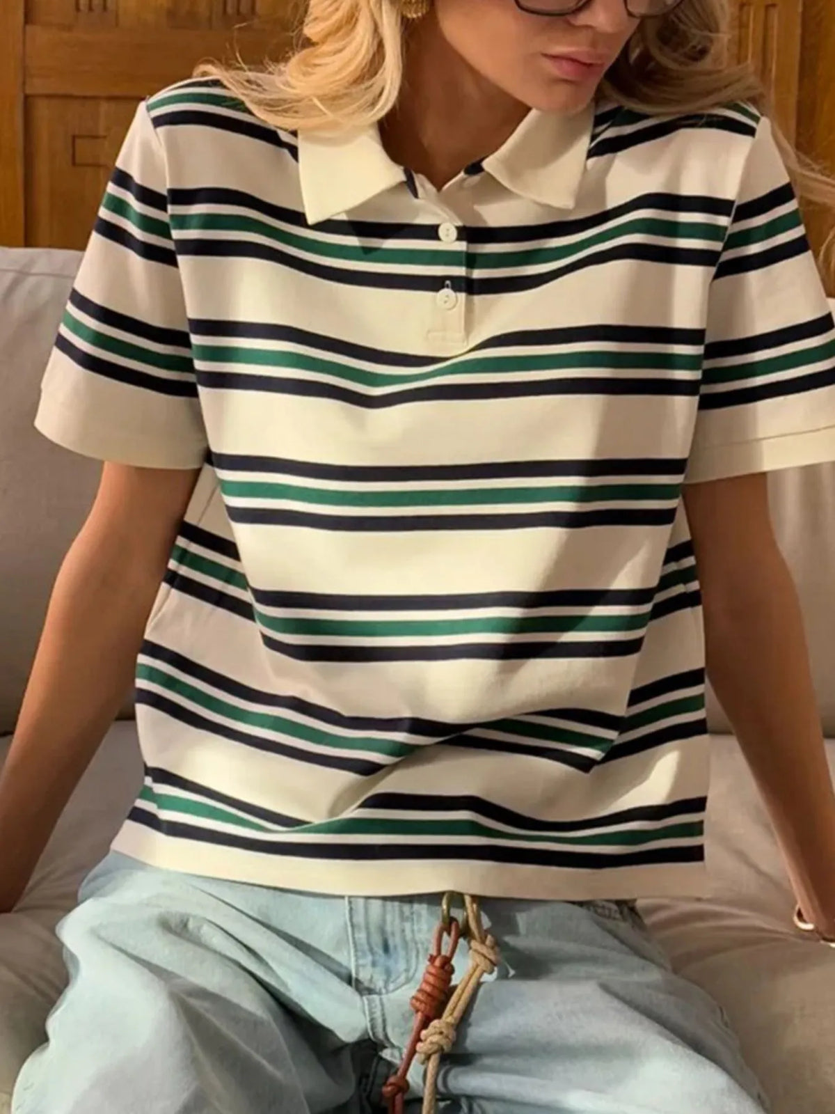 Striped Polo T-Shirt with Contrast Collar - Ladyez