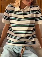 Striped Polo T-Shirt with Contrast Collar - Ladyez