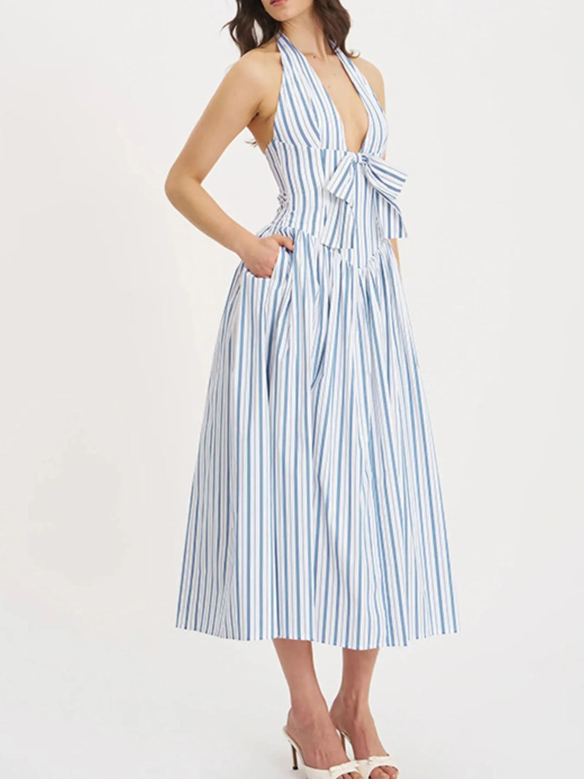 Striped Halter Neck Midi Dress with Tie Front Detail - Ladyez