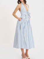 Striped Halter Neck Midi Dress with Tie Front Detail - Ladyez