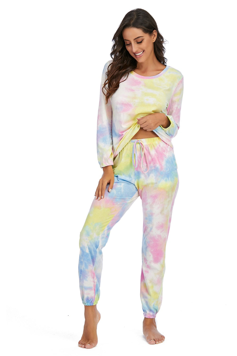 Tie-Dye Top and Drawstring Pants Lounge Set - Ladyez