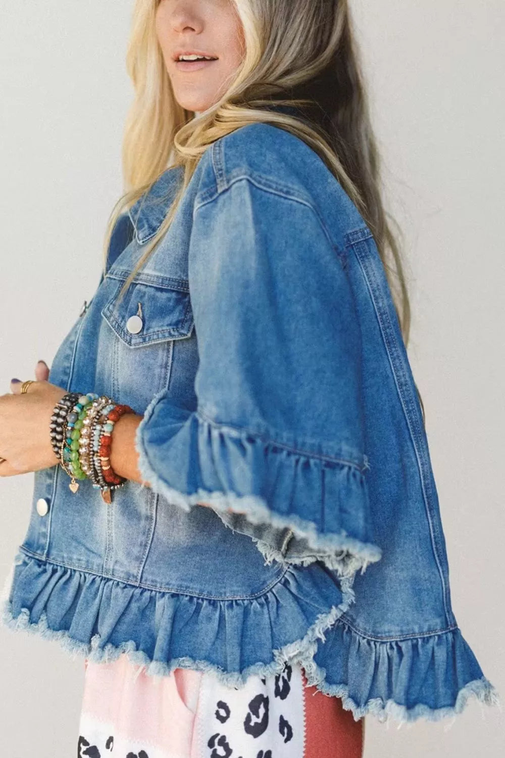 Ruffle Hem Raw Edge Half Sleeve Western Denim Jacket