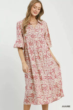 Umgee Linen Botanical Print Tiered Midi Dress