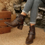 Point Toe Buckle Strap Ankle Boots with Block Heels