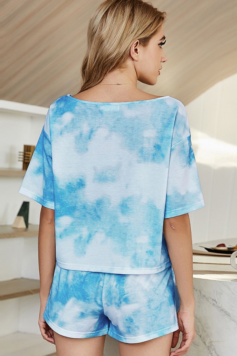 Shiny Tie-Dye Boat Neck Top and Shorts Lounge Set - Ladyez