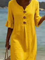 Full Size Button Decor Ruffle Sleeve Midi Dress Plus Size