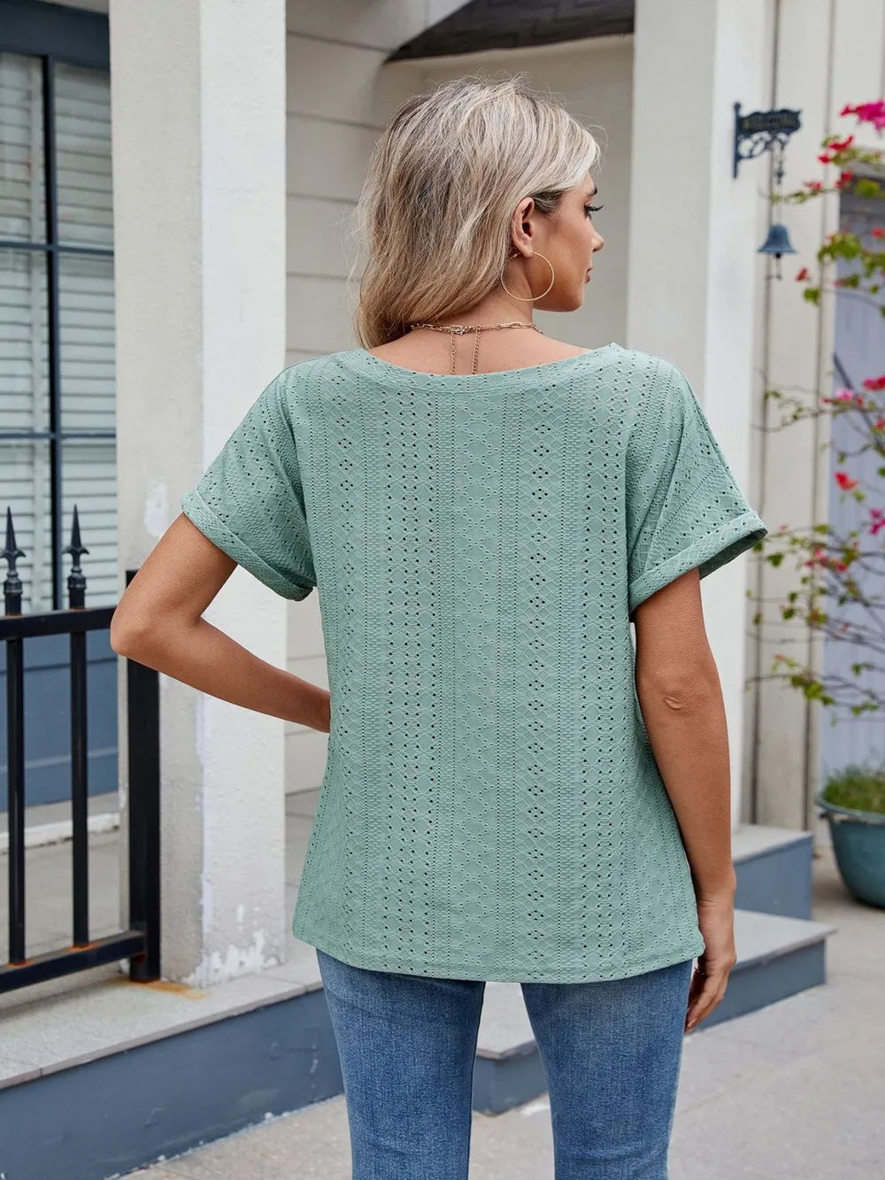 Eyelet Round Neck Short Sleeve Top
