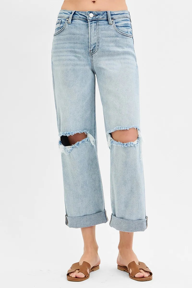 RISEN Full Size Mid Rise Fit Boyfriend Jeans with Cuff Plus Size - Ladyez