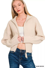 Zenana Ribbed Collared Zip Up Sweater Cardigan