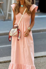 V Neck Ruffled Cap Sleeve Smocked Maxi Dress - Ladyez