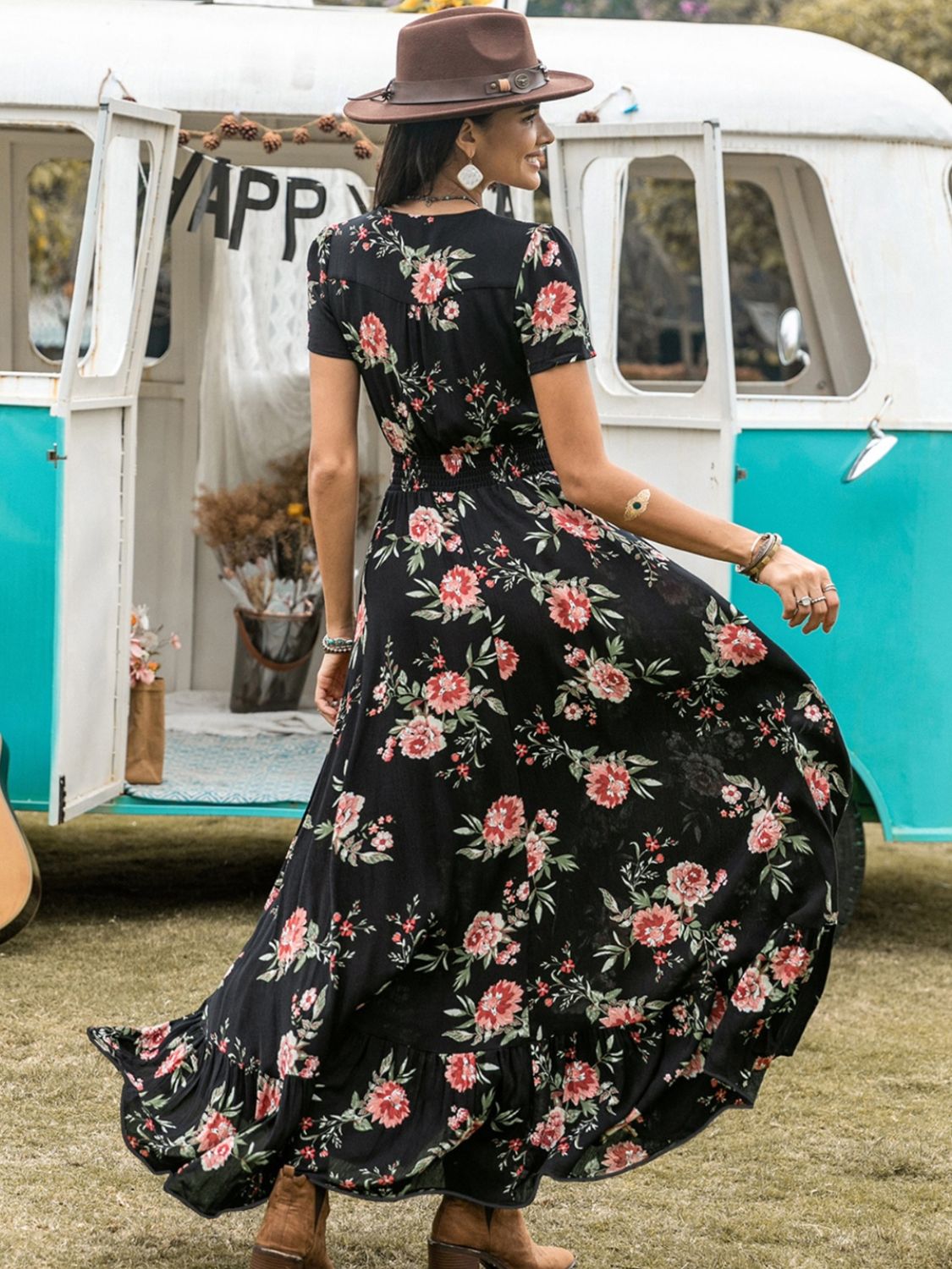 Split Printed V-Neck Short Sleeve Dress - Ladyez