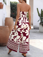 Floral Print Tie Front Strapless Wide Leg Jumpsuit