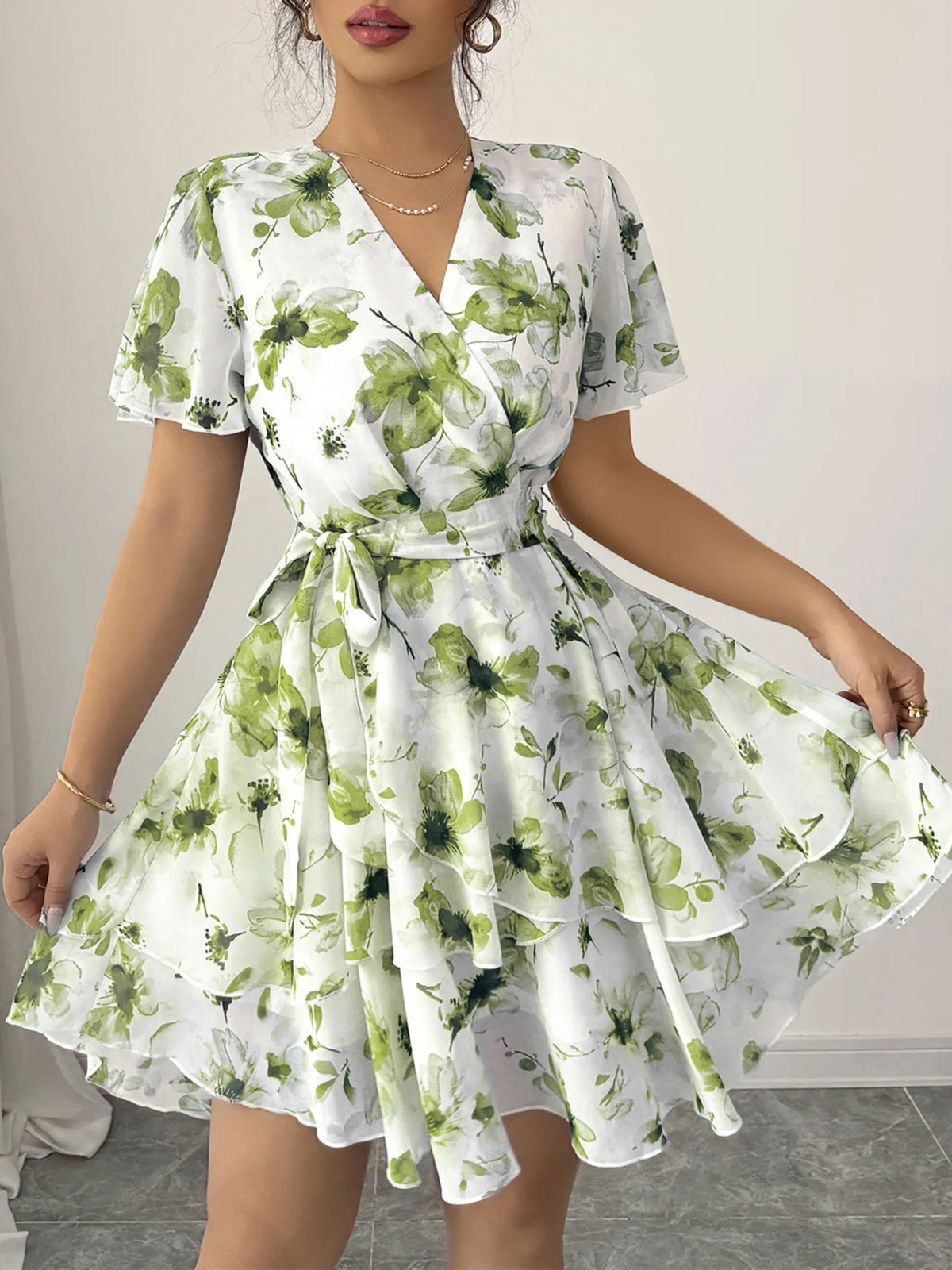 Printed Surplice Layered Mini Dress