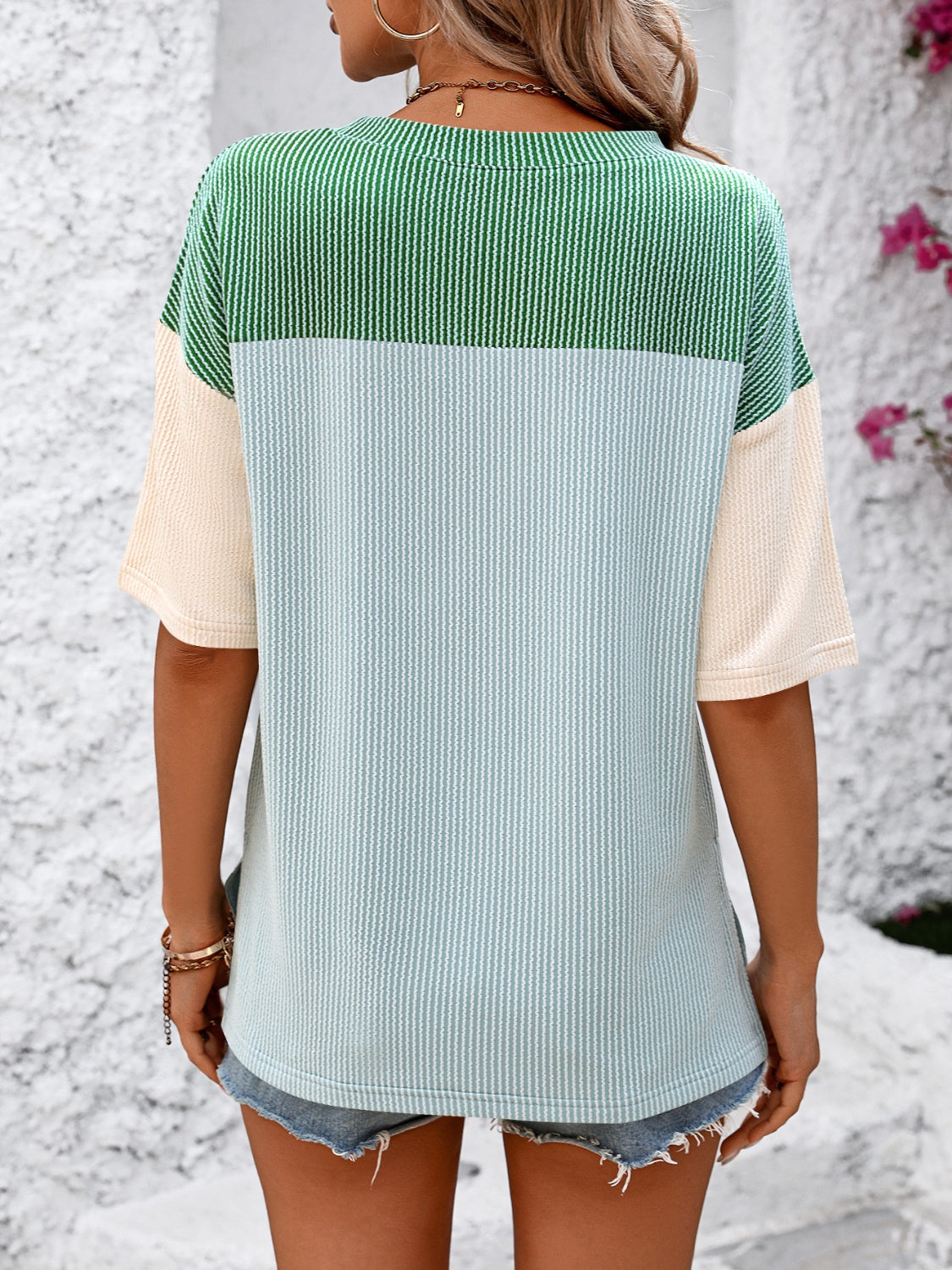Mandy Color Block Round Neck Half Sleeve T-Shirt - Ladyez