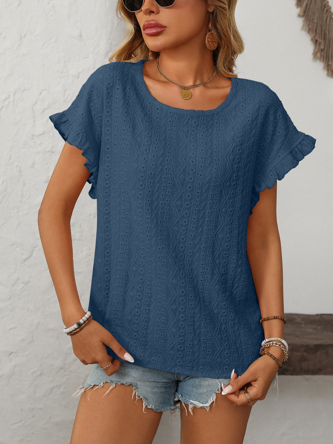Mandy Eyelet Round Neck Short Sleeve Top - Ladyez