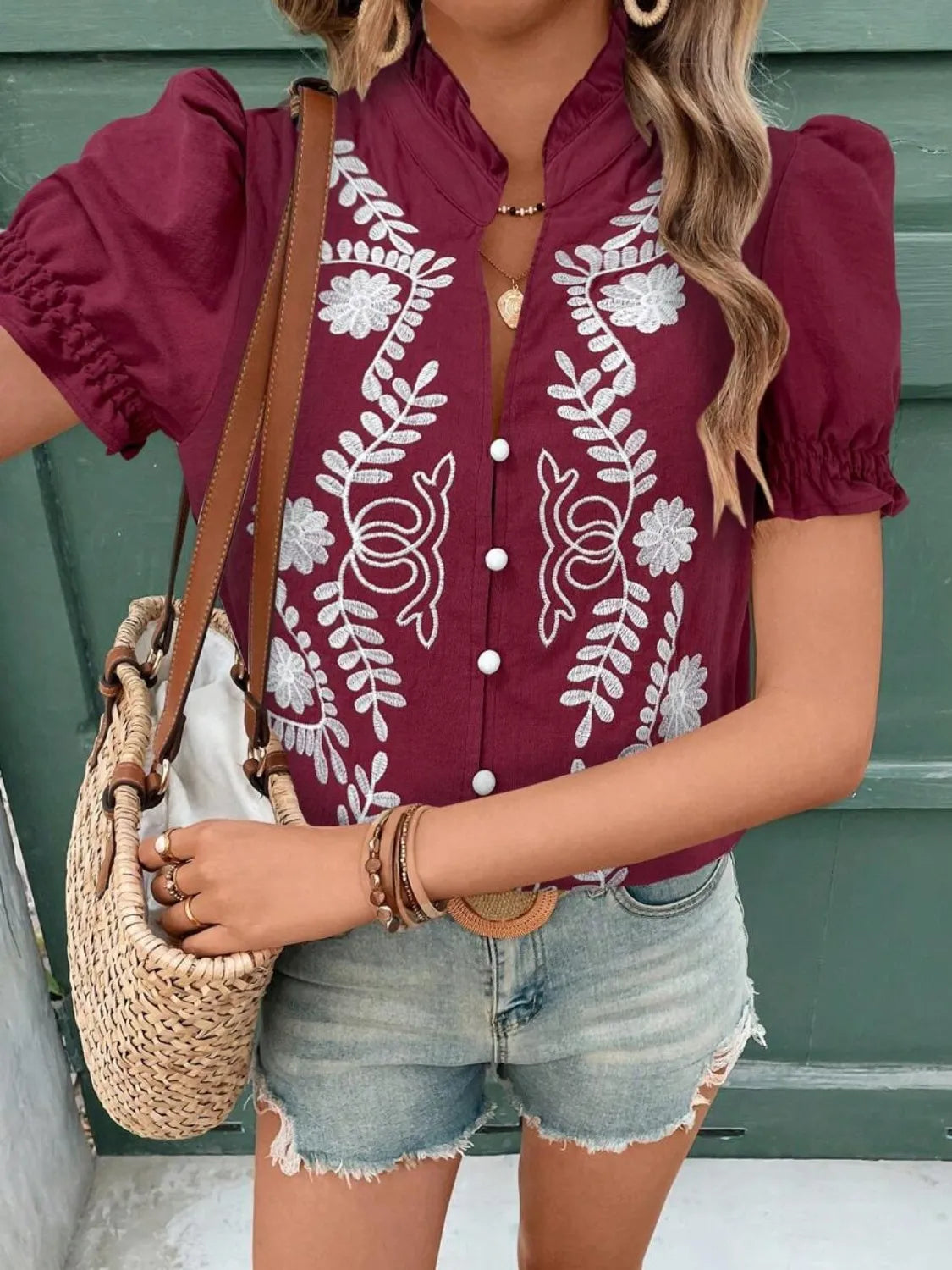 Embroidered Frill Notched Short Sleeve Blouse - Ladyez