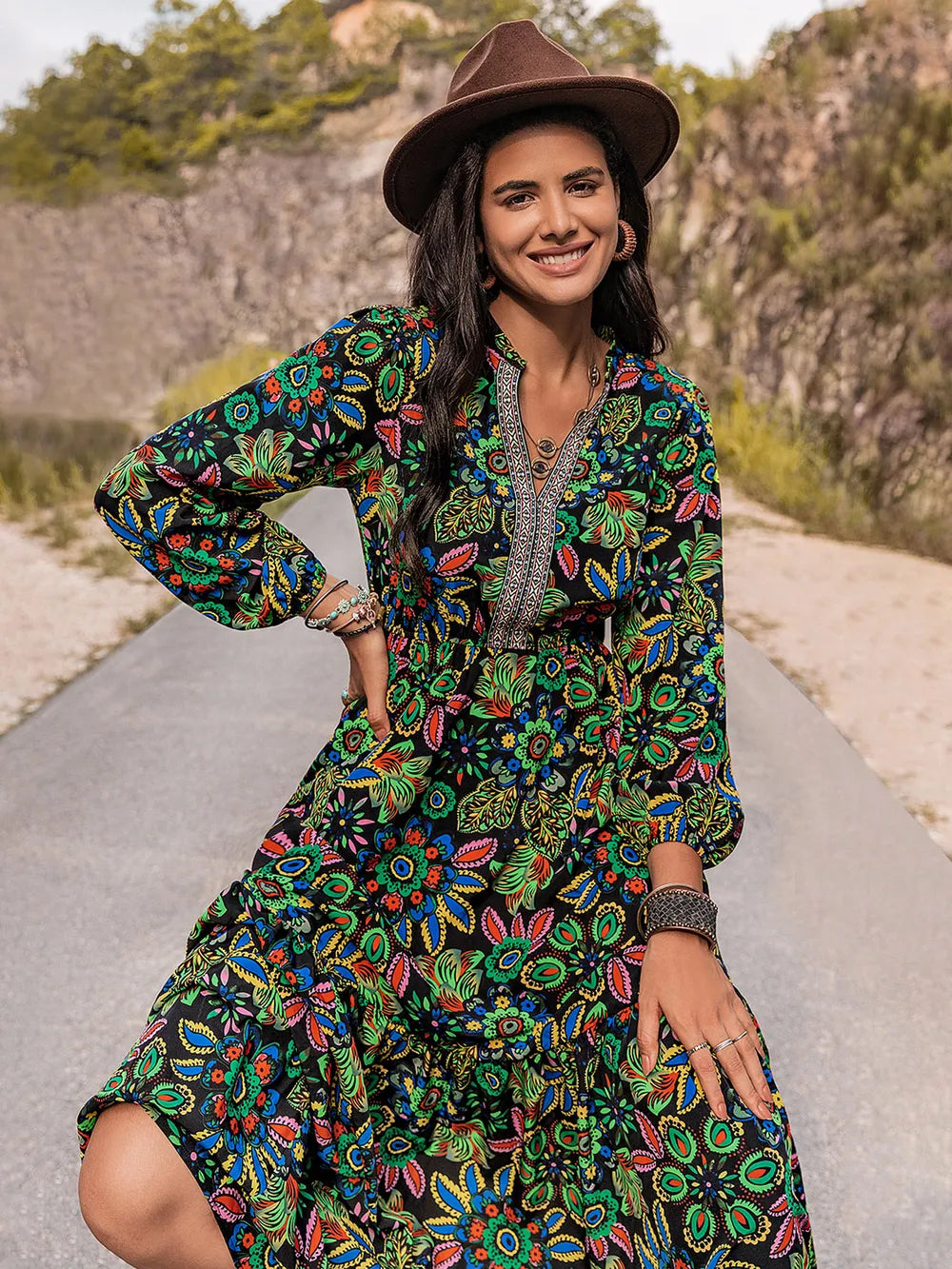 Printed Notched Neck Maxi Dress - Ladyez