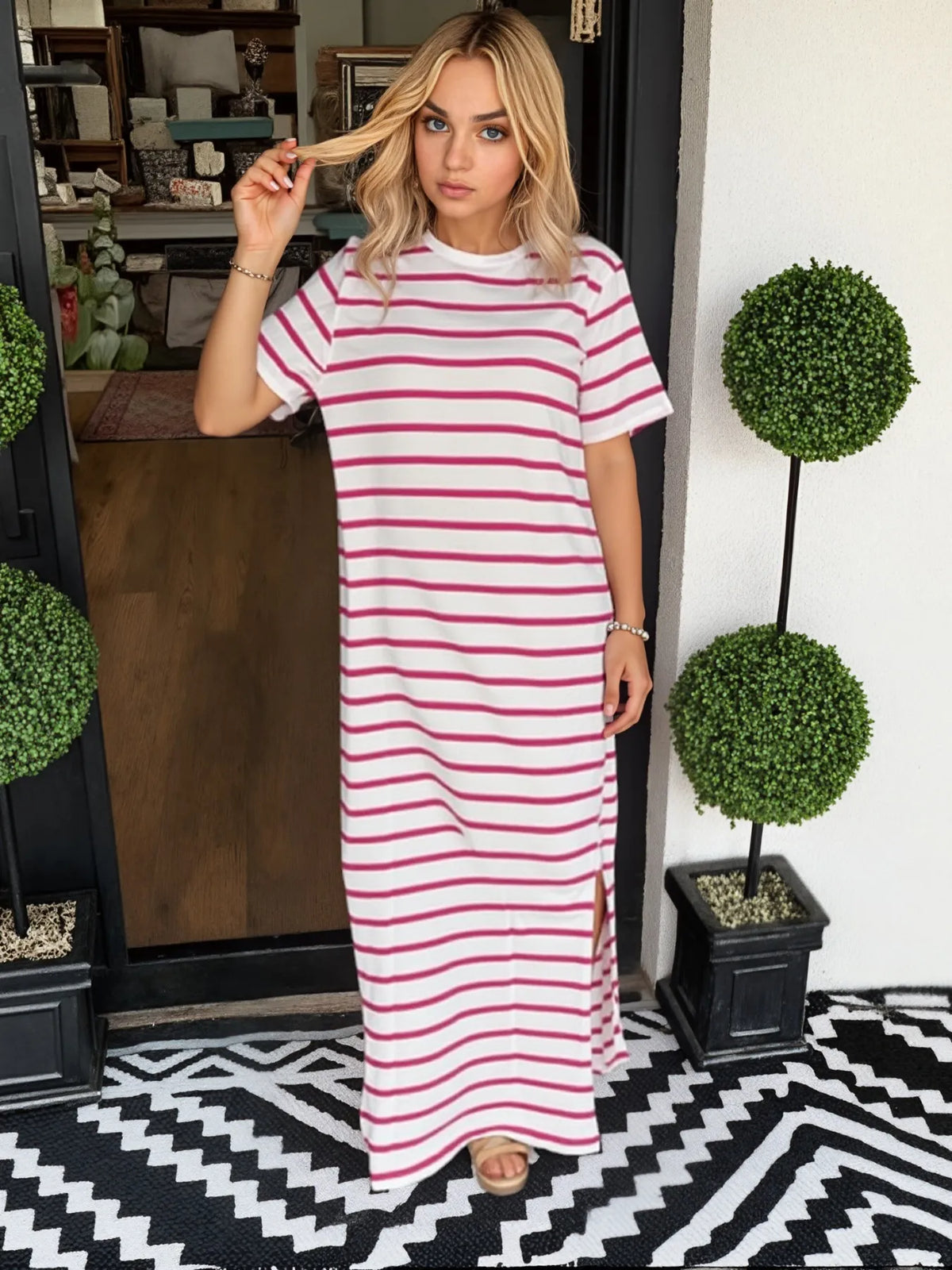 Full Size Striped T-Shirt Maxi Dress with Side Slit Plus Size - Ladyez