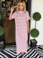 Full Size Striped T-Shirt Maxi Dress with Side Slit Plus Size - Ladyez