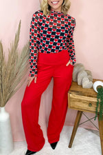 Plaid Heart Mesh Sheer Long Sleeve High Neck Top