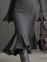 Ribbed Knit Zip Front Flare Hem Midi Dress