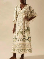 Palm Print V-Neck Midi Dress