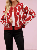 Argyle Heart Pattern Button-Up Knit Cardigan
