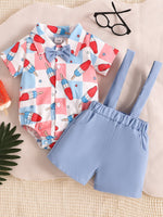 Children's USA Print Bow Decor Bodysuit and Suspender Shorts Set