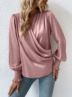 Surplice Smocked Lantern Sleeve Blouse - Ladyez