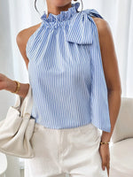 Striped Sleeveless Blouse with Bow Tie Detail - Ladyez