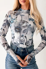 Floral Mesh High Neck Long Sleeve Sheath Top