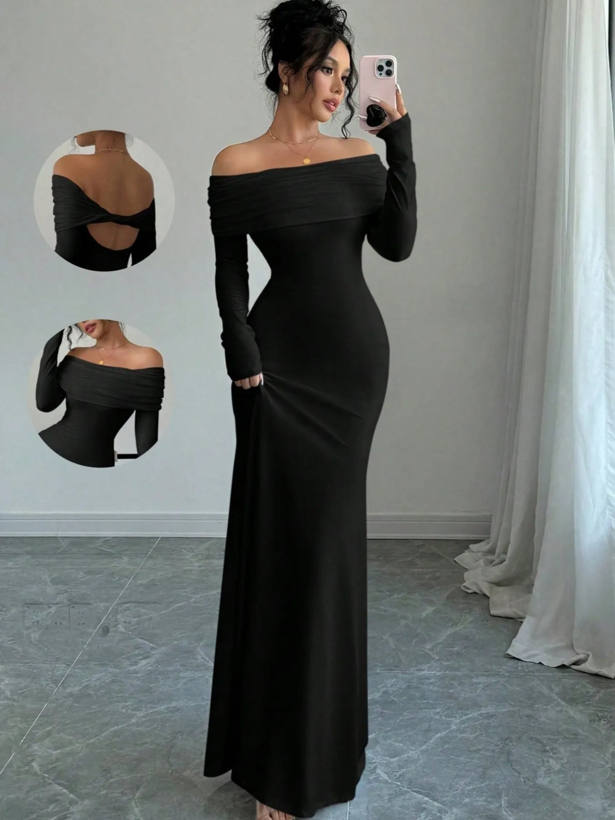 Off-Shoulder Long Sleeve Bodycon Maxi Dress - Ladyez