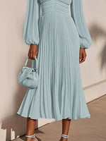 Pleated V-Neck Chiffon Midi Dress