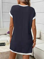 Contrast Trim Ribbed Knit Mini Dress with Pocket