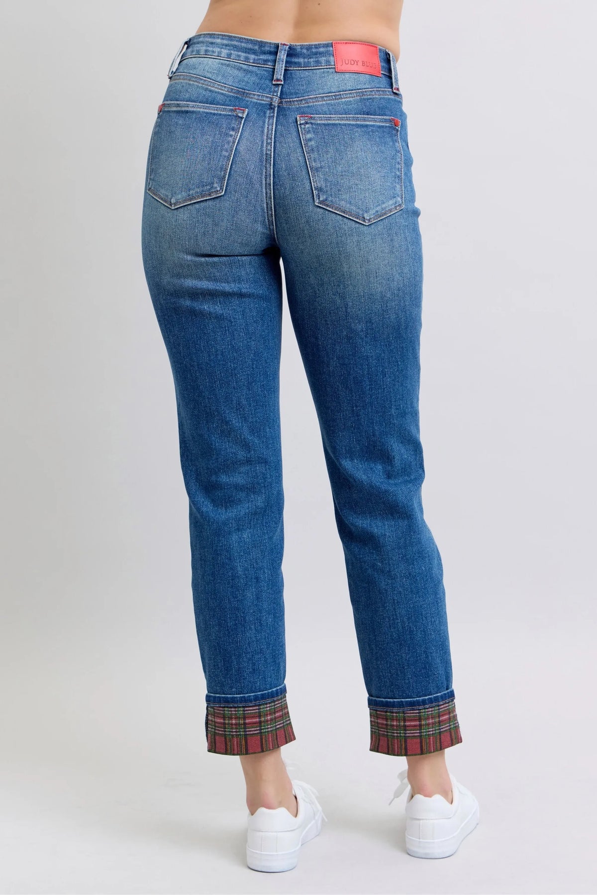 Judy Blue Full Size Mr Plaid Print Cuff Bf Jeans Plus Size - Ladyez