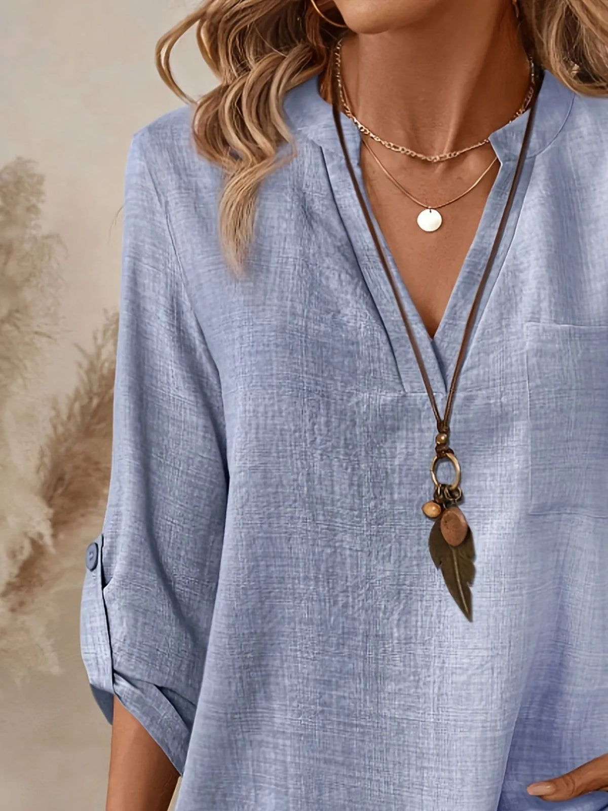 Notched Roll-Tab Sleeves Blouse - Ladyez