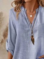 Notched Roll-Tab Sleeves Blouse - Ladyez