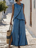 Contrast Trim Top and Slit Pants Set