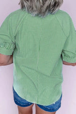 Striped Print Collared Split Neck Half Sleeve Blouse