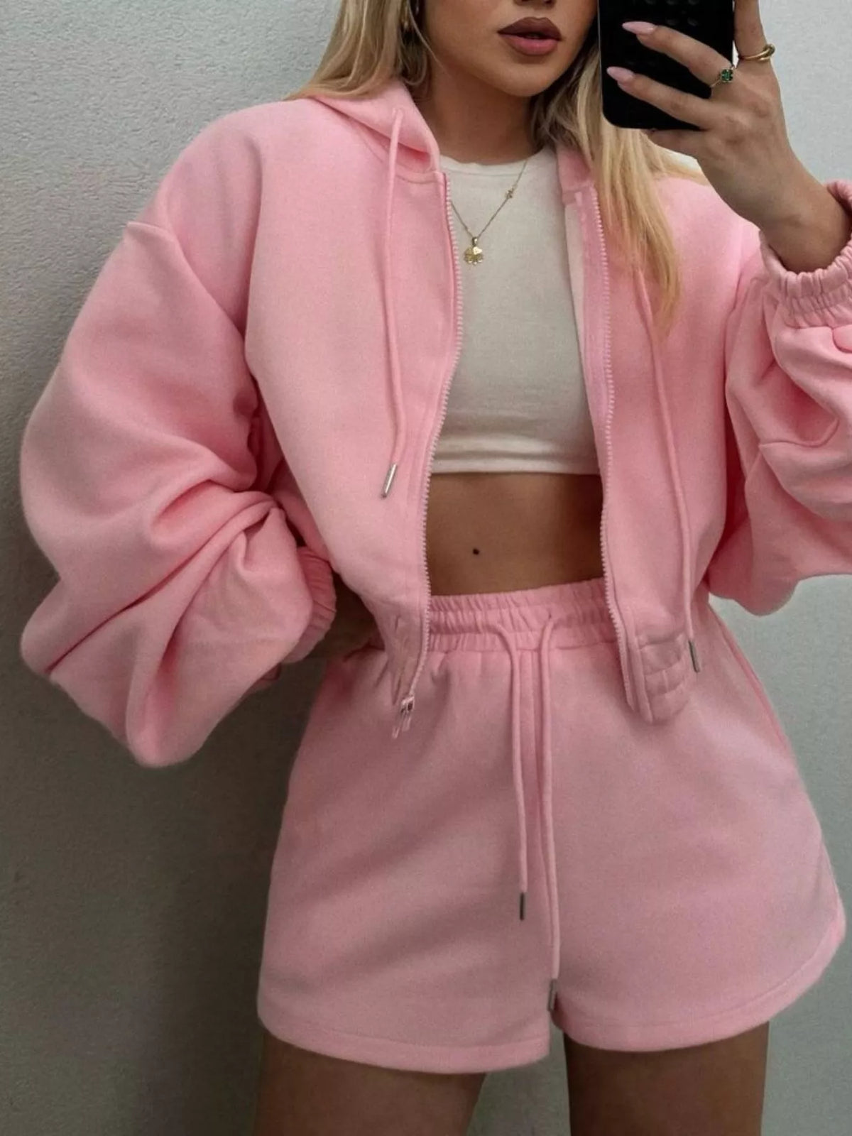 Zip Up Drawstring Outerwear and Shorts Set