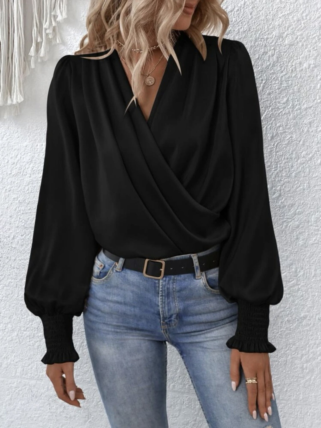 Surplice Smocked Lantern Sleeve Blouse - Ladyez