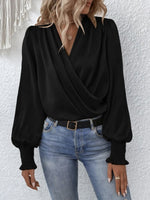 Surplice Smocked Lantern Sleeve Blouse - Ladyez