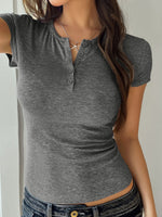 Devine Button Detail Short Sleeve T-Shirt - Ladyez