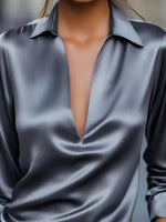 Satin Johnny Collar Long Sleeve Blouse