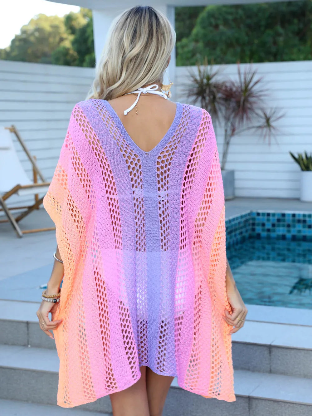 Openwork Contrast V-Neck Cover-Up - Ladyez